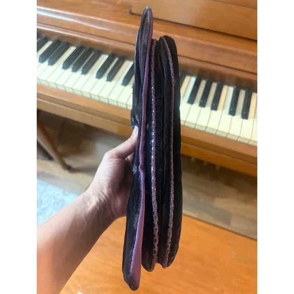 Coach Velvet Pleated Clutch Wristlet Black Purple Satin Snap Closure Evening Bag - Picture 7 of 14